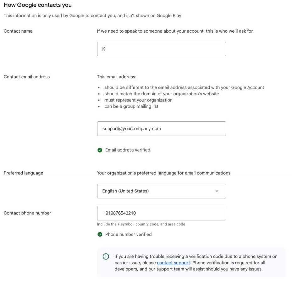 Google Play Console Contact details tab showing the How Google contacts you section — contact name, contact email, preferred language and contact phone number