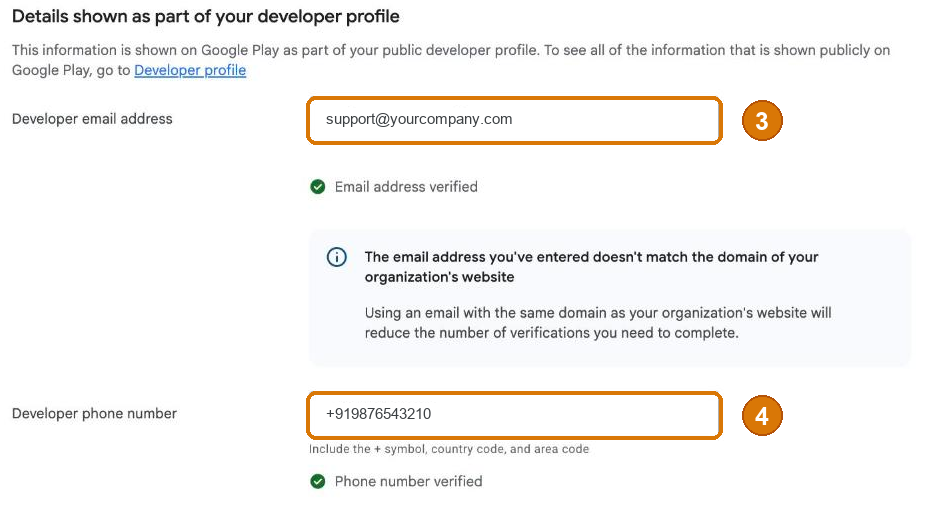 Google Play Console showing the Details shown as part of your developer profile section with developer email address and developer phone number