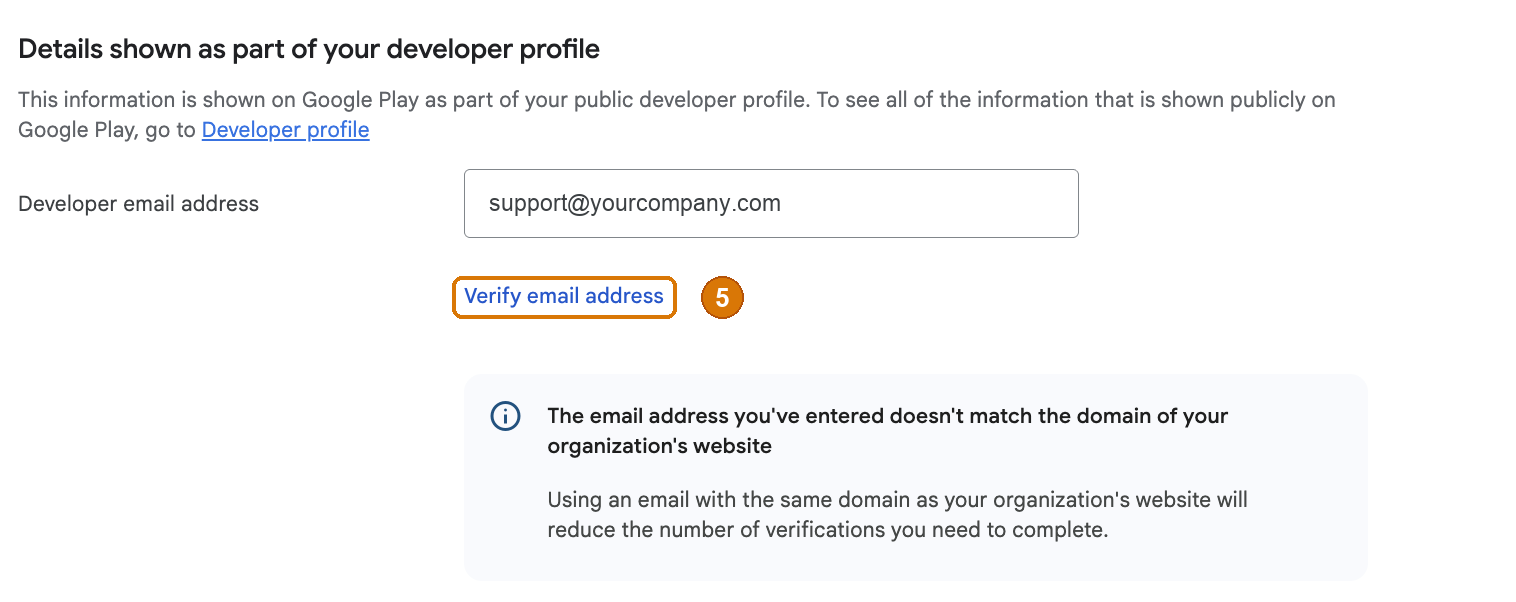 Google Play Console notice: The email address you have entered doesn't match the domain of your organization's website