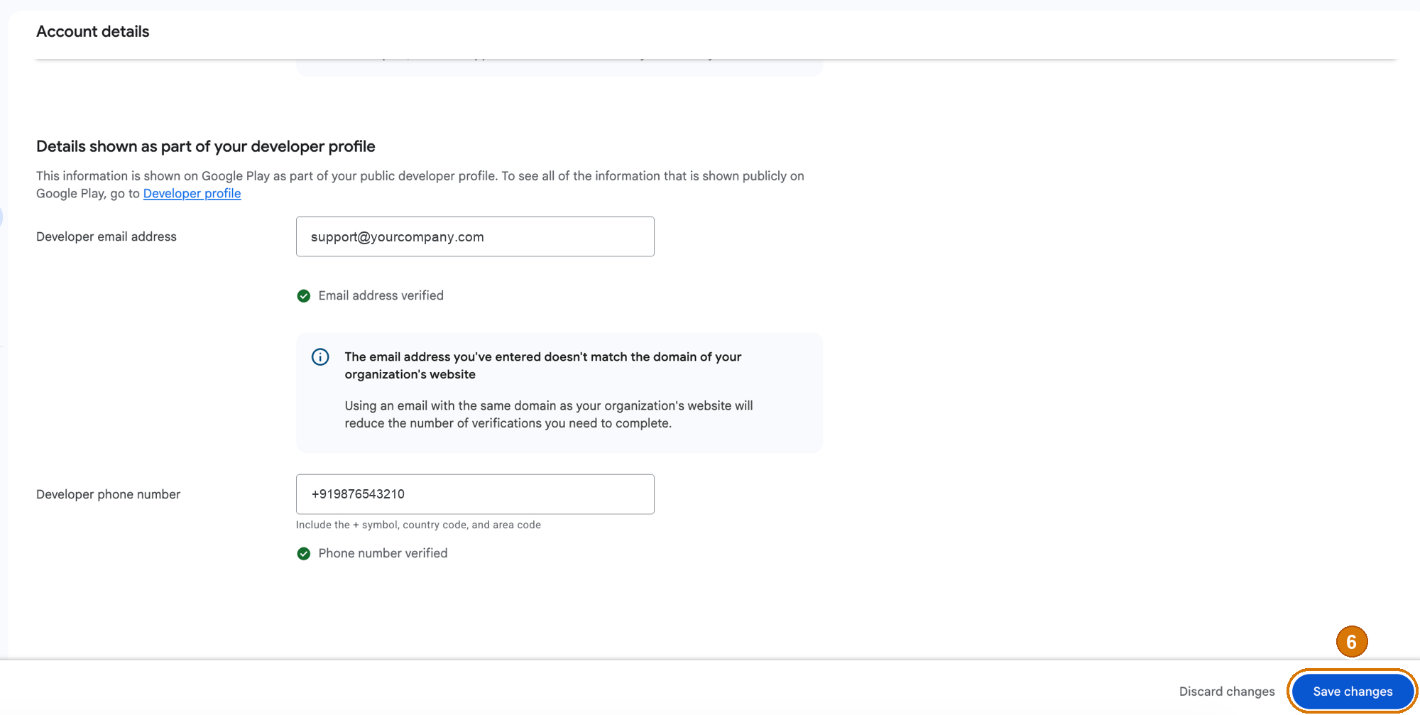 Google Play Console Account details with developer email and phone both verified and the Save changes button at the bottom right