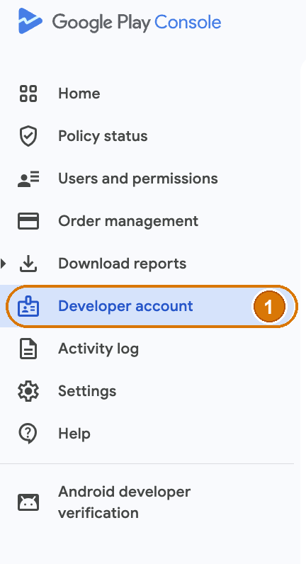 Google Play Console left menu with Developer account highlighted and marked as step 1