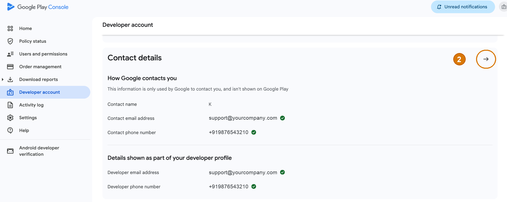 Developer account page with the Contact details card and its arrow button highlighted as step 2